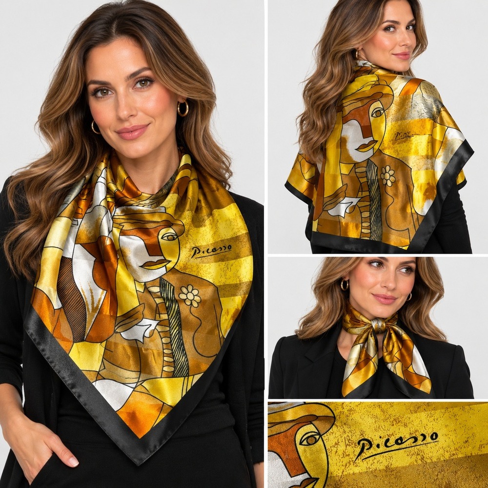 Picasso Art Scarf Large Square Gold Cubist Portrait Satin Print Wrap 35x35